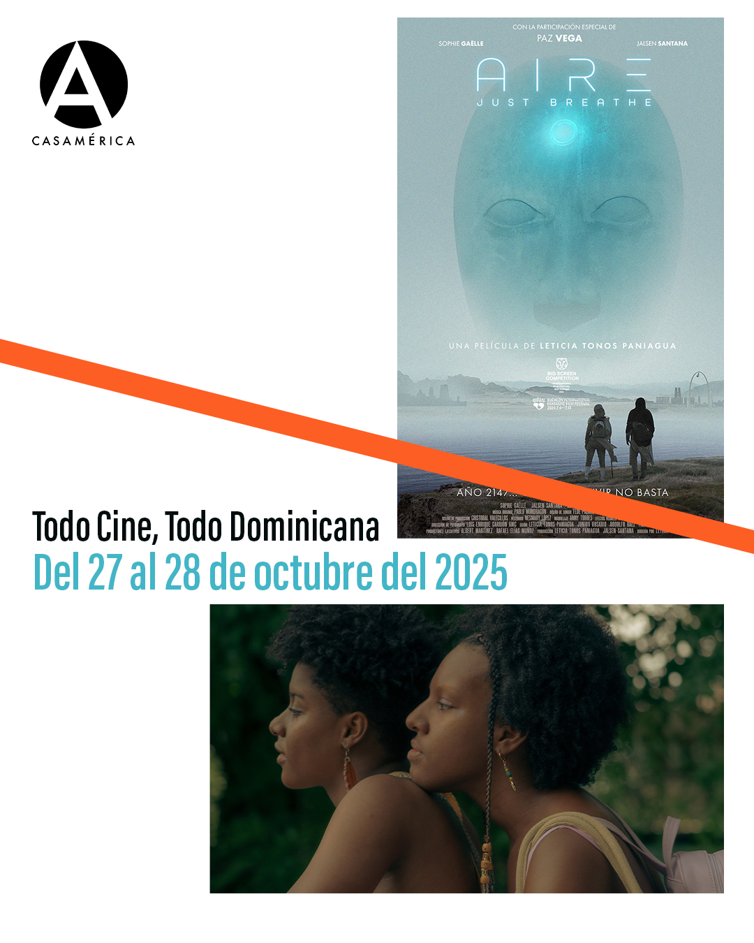🇩🇴🎬 𝐅𝐞𝐬𝐭𝐢𝐯𝐚𝐥 𝐓𝐨𝐝𝐨 𝐂𝐢𝐧𝐞, 𝐓𝐨𝐝𝐨 𝐃𝐨𝐦𝐢𝐧𝐢𝐜𝐚𝐧𝐚.

La cinematografía dominicana vuelve a Madrid con dos largometrajes que muestran la fuerza, diversidad y evolución del cine del país.

📽️ ‘Sugar Island’, de Johanné Gómez Terrero, explora identidad, memoria y espiritualidad desde una mirada antirracista.
📽️ ‘Aire, Just Breathe’, de Leticia Tonos, combina ciencia ficción y reflexión sobre el futuro de la humanidad.

Un programa que celebra el talento y la visión de las creadoras dominicanas, así como los vínculos culturales entre República Dominicana y España.

👥 Bienvenida: Tony Raful. Coloquio con Leticia Tonos.
🤝 Con @rdenespana.

📅 27 y 28 de octubre ⌚ 18:00 y 19:00.
📍 Sala de cine Iberia.
🎟️ Entrada libre hasta completar aforo.
🔗 Más información en nuestra web, enlace en la biografía.

#TodoCineTodoDominicana #CineDominicano #CineIberoamericano #CulturaDominicana #CasaDeAmérica