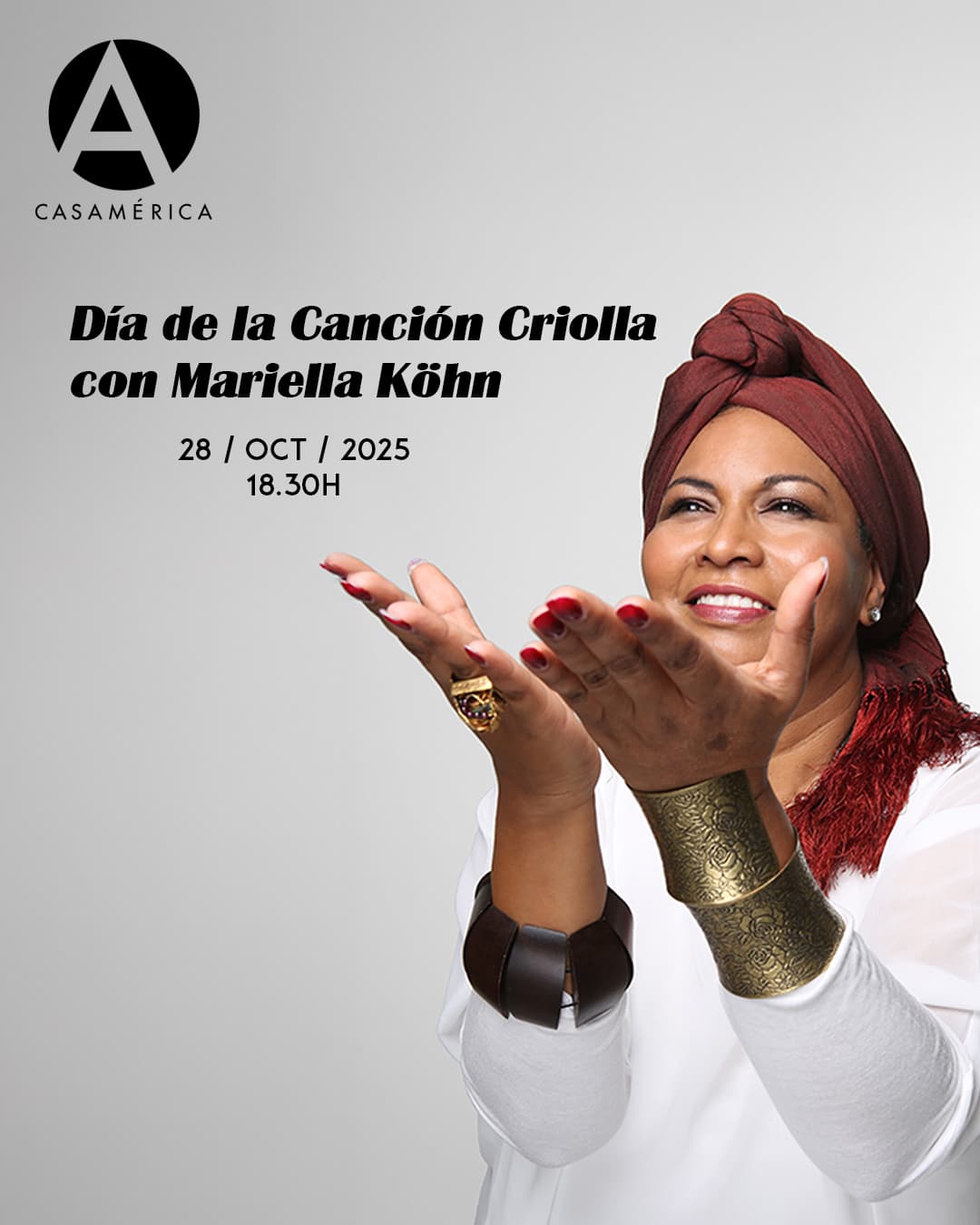 🇵🇪🎶 𝐃𝐢́𝐚 𝐝𝐞 𝐥𝐚 𝐂𝐚𝐧𝐜𝐢𝐨́𝐧 𝐂𝐫𝐢𝐨𝐥𝐥𝐚.

La cantante y comunicadora peruana Mariella Köhn (@mariellakohnbailon) ofrecerá un concierto dedicado a la canción criolla, uno de los géneros más representativos del Perú, que combina influencias españolas, africanas e indígenas.

En esta velada, Köhn rendirá homenaje a compositoras esenciales como Chabuca Granda, Alicia Maguiña, Serafina Quinteras, Lourdes Carhuas y Victoria Santa Cruz, y conmemorará el centenario del folklorista Nicomedes Santa Cruz, interpretando valses, polcas y música afroperuana.

Una cita para celebrar la identidad, la memoria y la riqueza sonora del Perú.

🤝 Con @embajadaperuenespana.
📅 28 de octubre ⌚ 18:30.
📍 Anfiteatro Gabriela Mistral.
🎟️ Entrada libre hasta completar aforo.
🔗 Más información en nuestra web, enlace en la biografía.

#DíaDeLaCanciónCriolla #MariellaKöhn #MúsicaPeruana #PatrimonioCultural #CasaDeAmérica