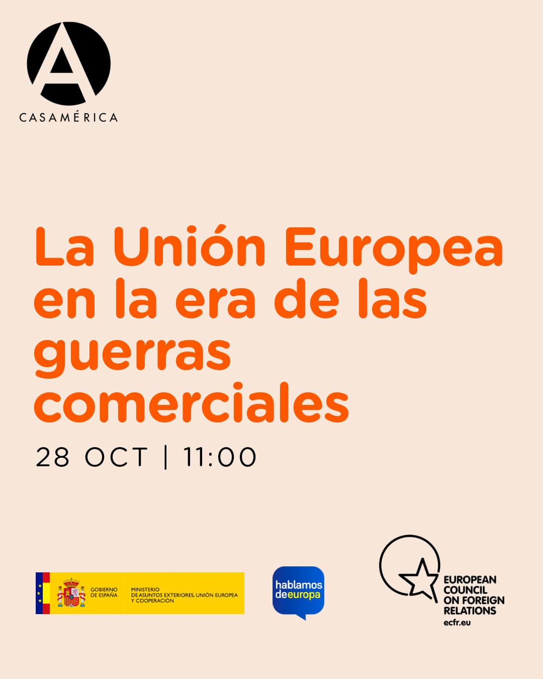 🇪🇺 🗣️ Presentamos el debate “La Unión Europea en la era de las guerras comerciales”, una reflexión sobre cómo Europa puede reforzar su poder geoeconómico ante la presión comercial global.

👥 Con Joaquín Almunia, Marta Blanco y Agathe Demarais.
Modera: Carla Hobbs.
🤝 Con @ecfr.eu y @exteriores.maec.

📅 Martes 28 de octubre.
⌚ 11:00.
📍 Salón Embajadores, Casa de América.
🎟️ Entrada con inscripción.

🔗 Más información en nuestra web, enlace en la biografía.