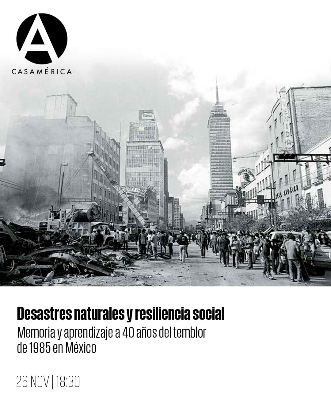 🌎 ‘𝐃𝐞𝐬𝐚𝐬𝐭𝐫𝐞𝐬 𝐧𝐚𝐭𝐮𝐫𝐚𝐥𝐞𝐬 𝐲 𝐫𝐞𝐬𝐢𝐥𝐢𝐞𝐧𝐜𝐢𝐚 𝐬𝐨𝐜𝐢𝐚𝐥’.
En el marco del ciclo de Diálogos UNAM – Casa de América, dos expertas mexicanas analizarán cómo los desastres naturales transforman comunidades enteras y por qué la resiliencia depende tanto de la ciencia como de la acción colectiva.

👥 Con Enrique Provencio, Naxhelli Ruiz Rivera y Ciro Murayama.
🤝 Con @unamespana.
📅 26/11 ⌚ 18:30.
📍 Sala Miguel de Cervantes.
🎟️ Entrada con inscripción.
🔗 Más información en nuestra web, enlace en la biografía.

#DiálogosUNAM #CambioClimático #ResilienciaSocial #CienciaYSociedad #CasaDeAmérica